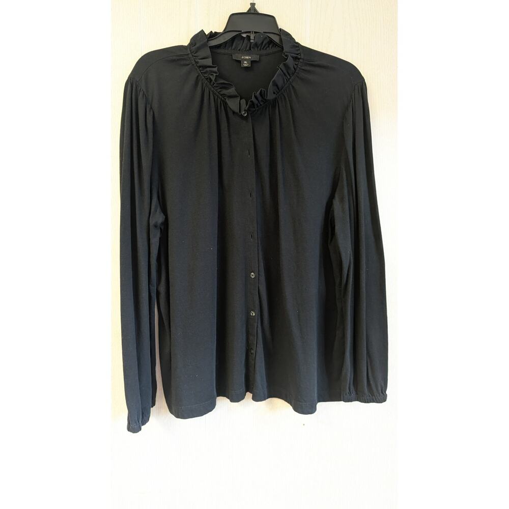 J. Crew black ruffled neck button up career blouse size XL